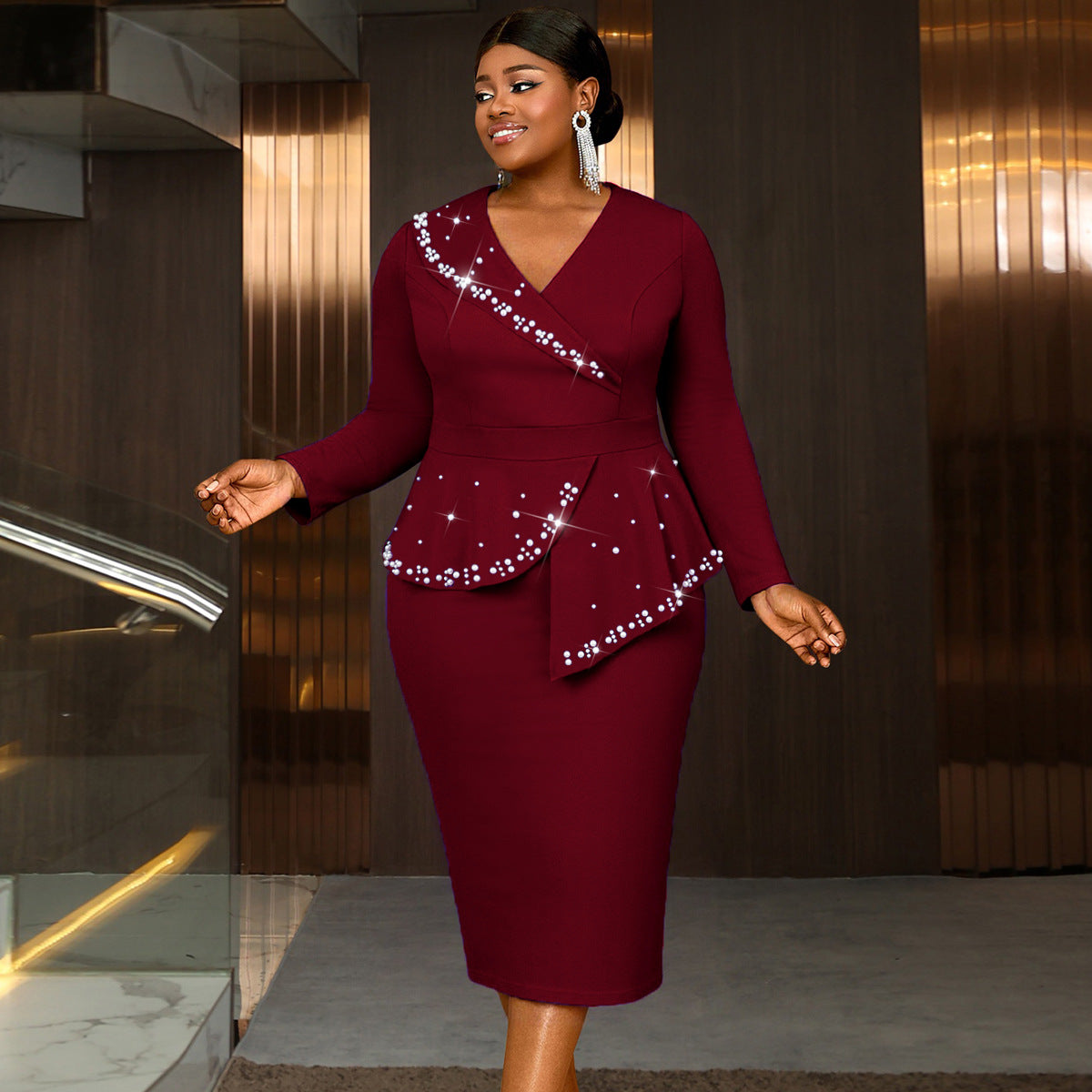 VVZ Plus-Size V-Neck Long-Sleeve Dress