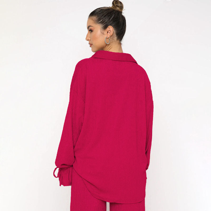 VVZ Women's Solid-Color Collared Button-Down Shirt and Slit-Hem Trousers Set