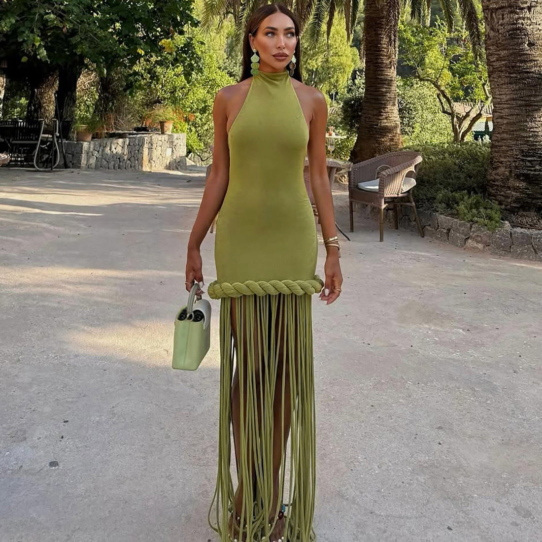 VVZ Sexy Halter-Neck Backless Solid-Color Dress