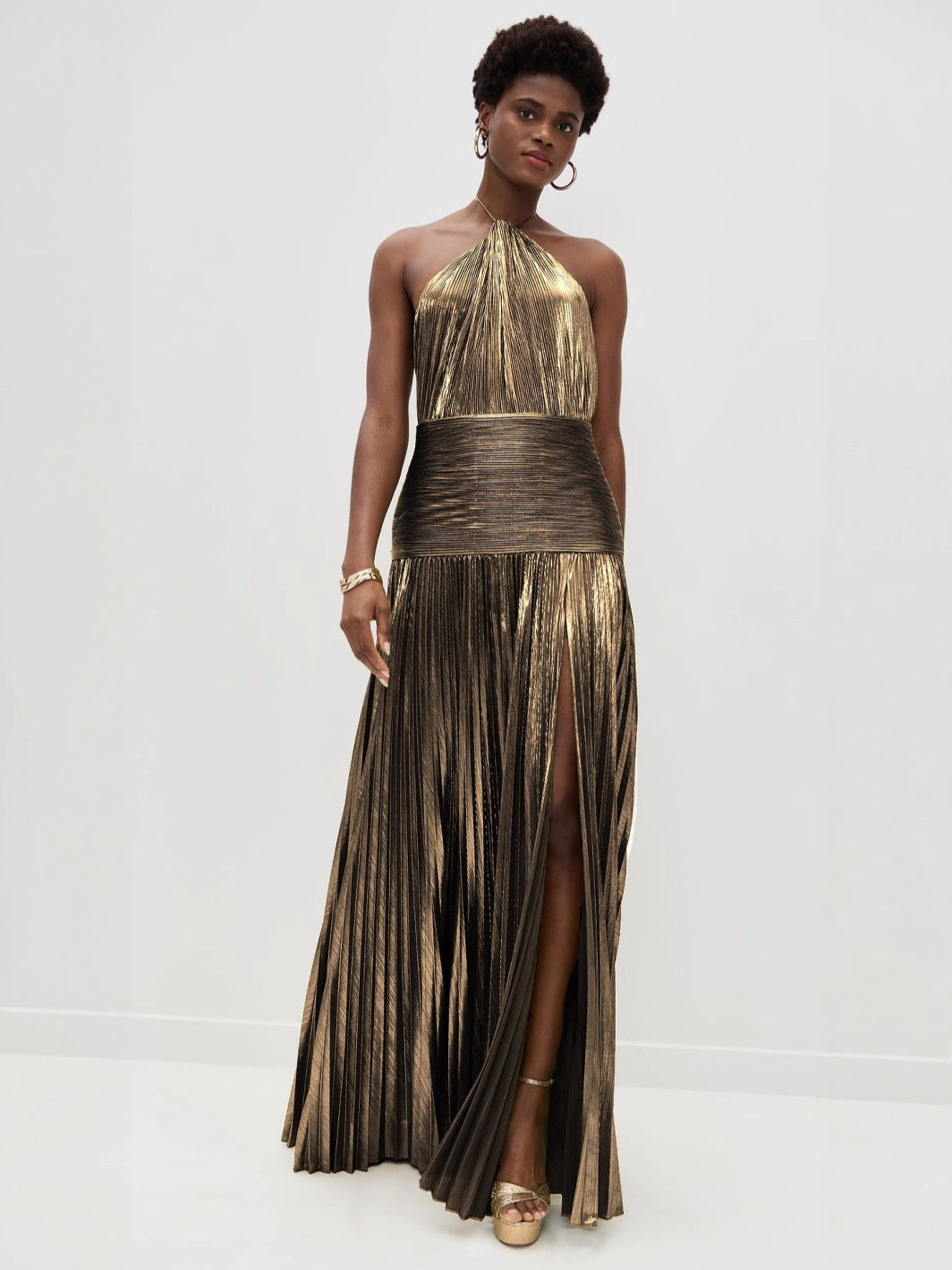 VVZ Halter-Neck Metallic Pleated Maxi Dress