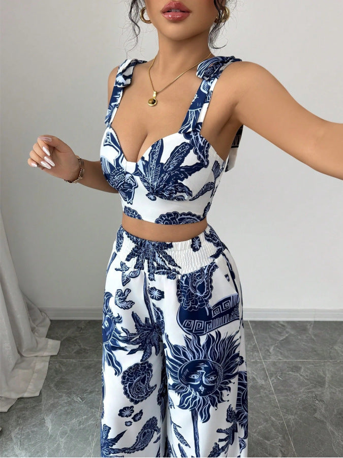 VVZ Women's Boho Style Floral Print Sleeveless Top & Belted Straight Leg Pants Set