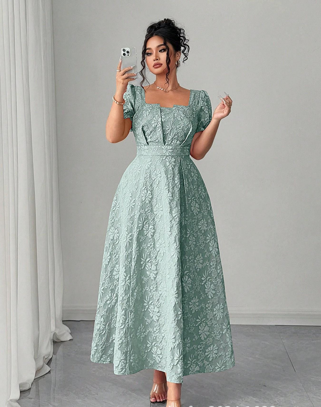 VVZ Plus-Size Embroidered A-Line Maxi Dress with Square Neckline, Puff Sleeves, and Tie Detail