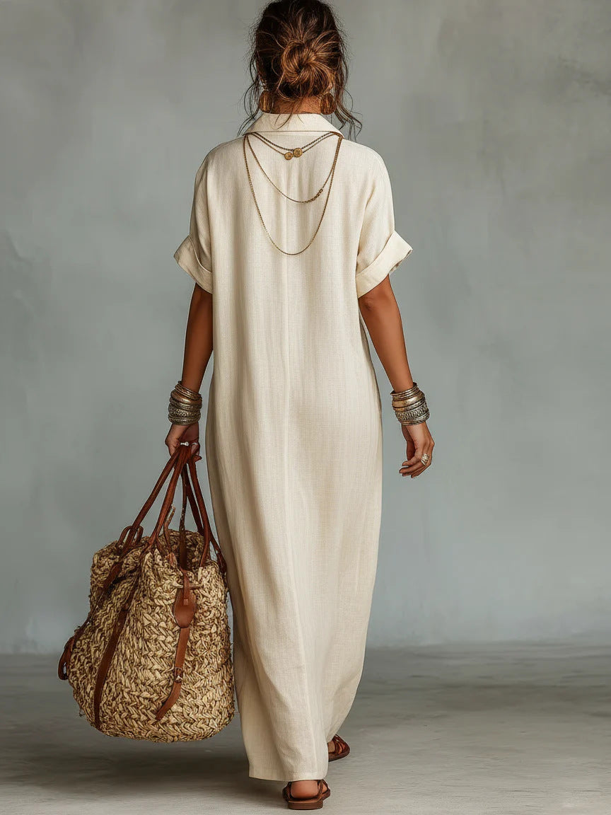 VVZ Casual V-neck short-sleeved long dress with pockets