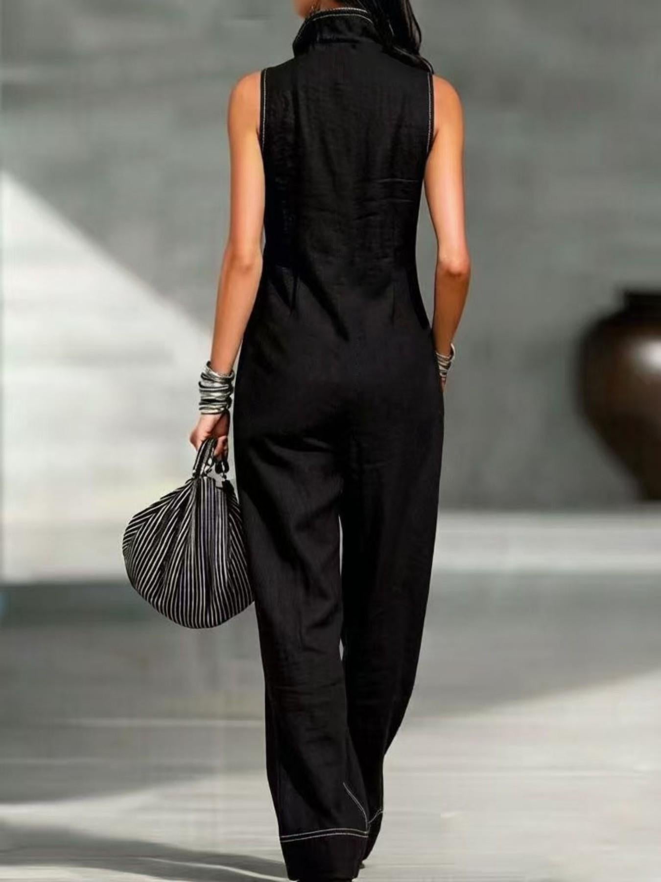 VVZ Women's Stand-Collar Sleeveless Loose-Fit Casual Jumpsuit