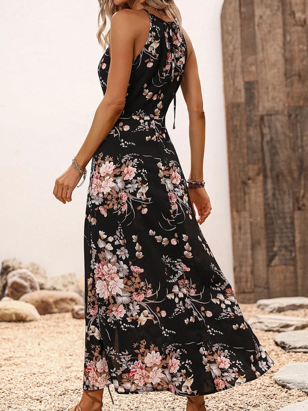 VVZ Women's Floral Print High-Slit Halter Dress