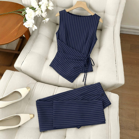 VVZ Women's Striped Tie-Front Tank Top and Straight-Leg Pants Set
