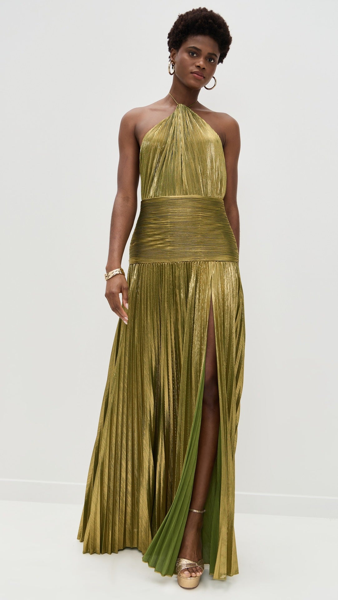 VVZ Halter-Neck Metallic Pleated Maxi Dress
