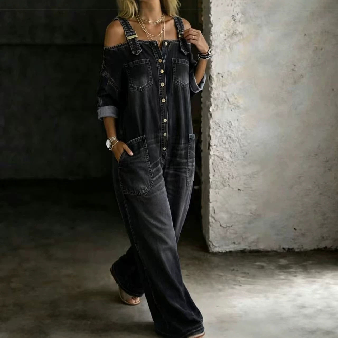 VVZ Women's Sexy Off-Shoulder Denim Jumpsuit