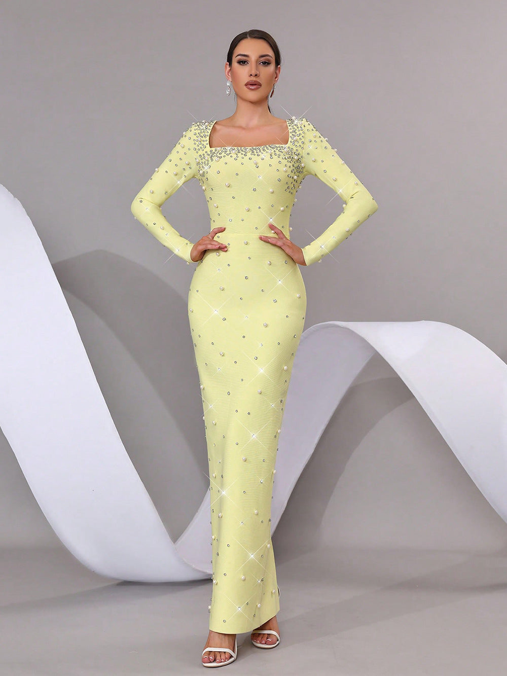 VVZ Fitted Square-Neck Maxi Dress with Beading and Rhinestone Embellishments