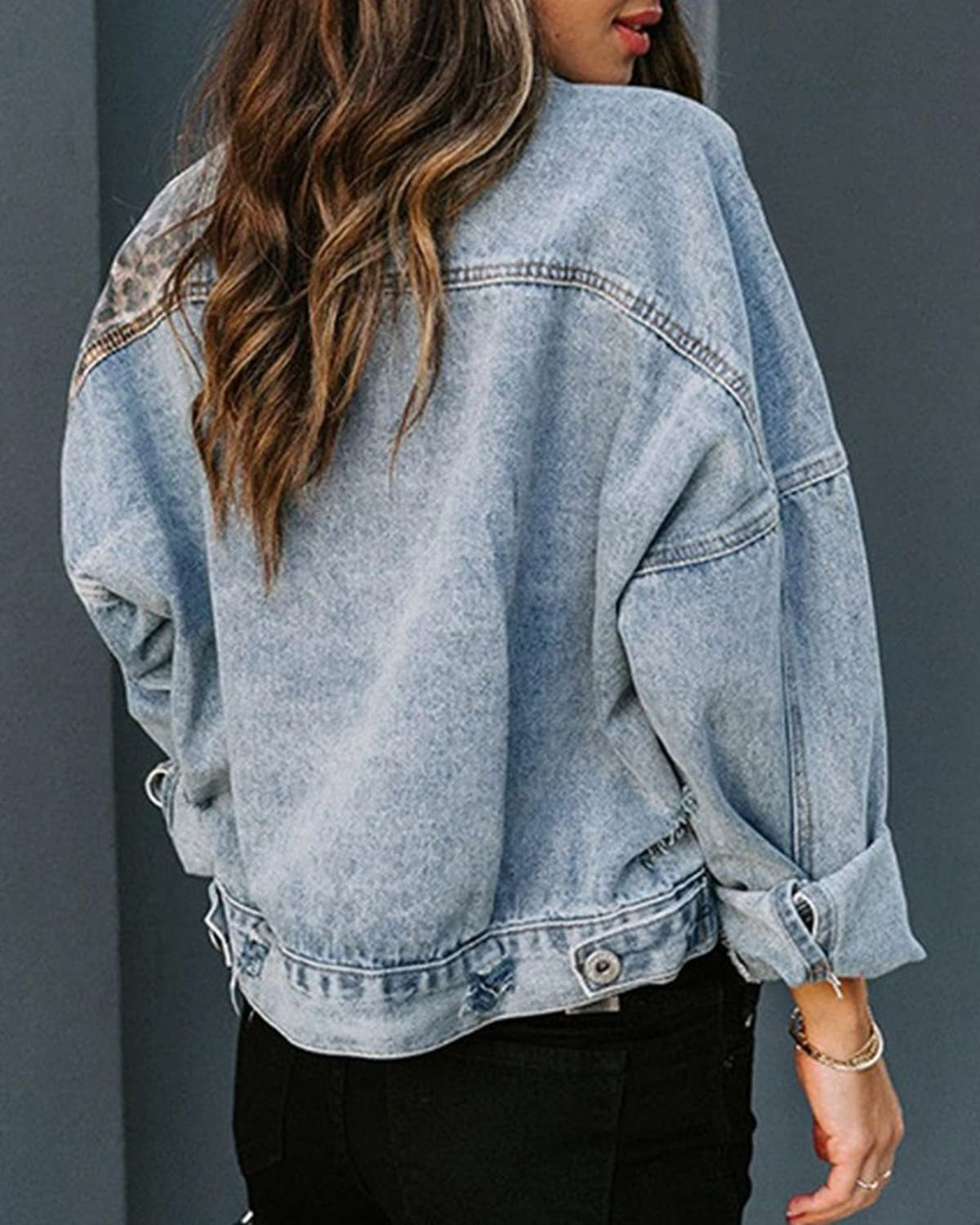 VVZ Women's Long-Sleeve Denim and Leopard Print Patchwork Jacket