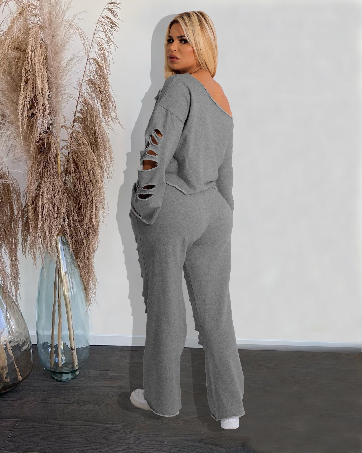 VVZ Women's Distressed Asymmetrical-Collar Knit Pullover and Wide-Leg Pants Set