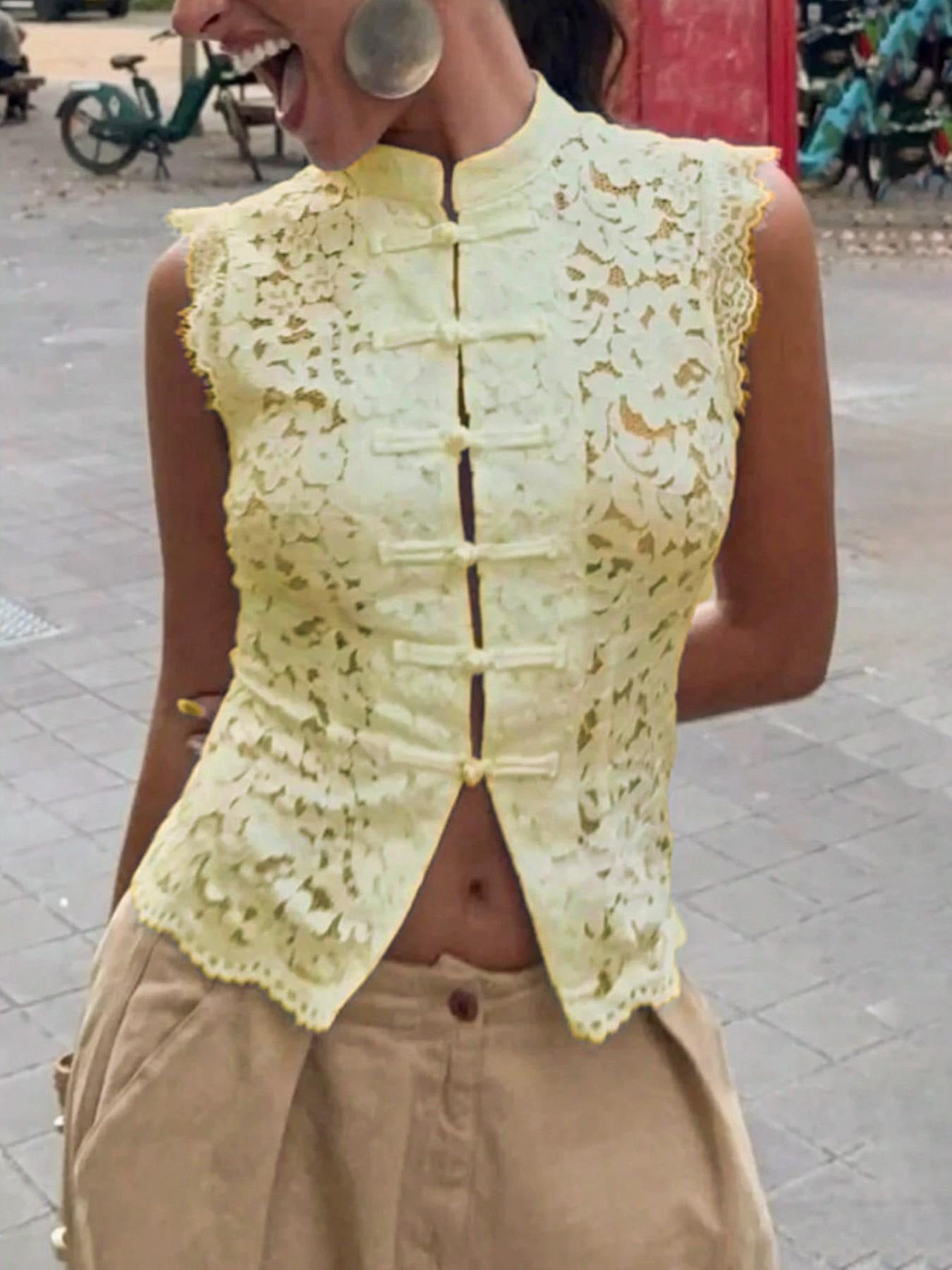 VVZ Women's Summer Lace Stand-Collar Top