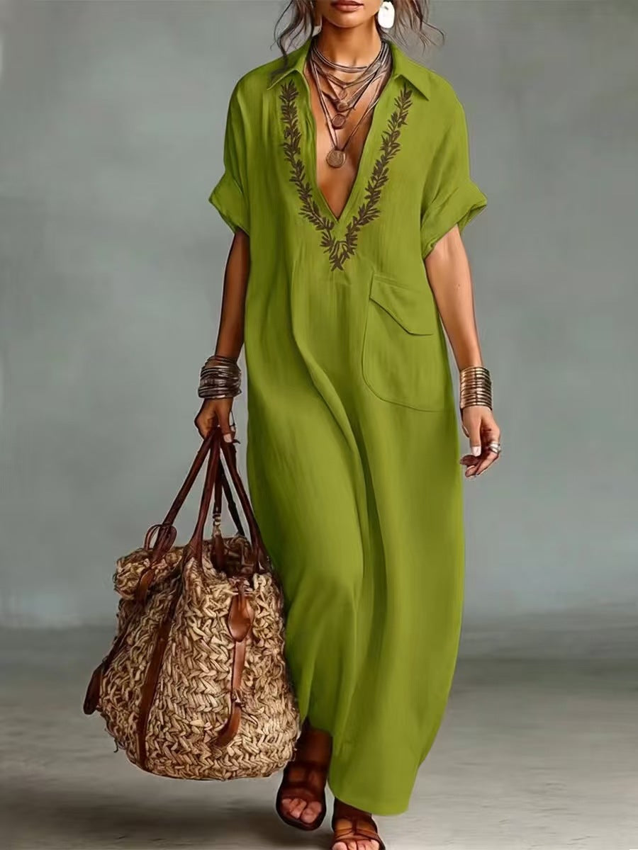 VVZ Casual V-neck short-sleeved long dress with pockets