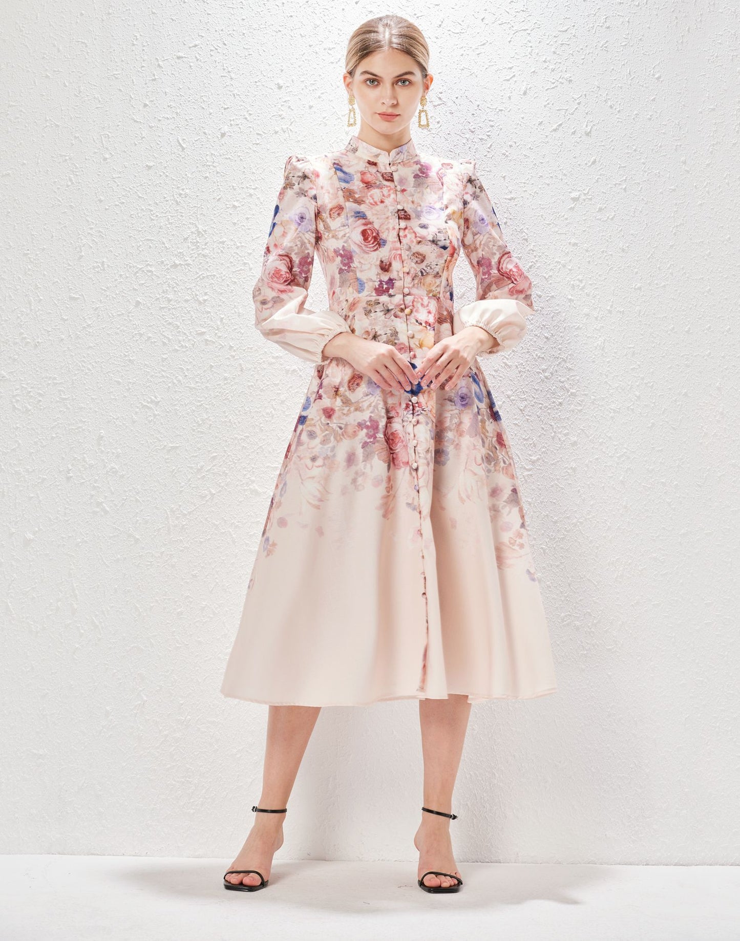 VVZ Belted Balloon Sleeve Floral Dress