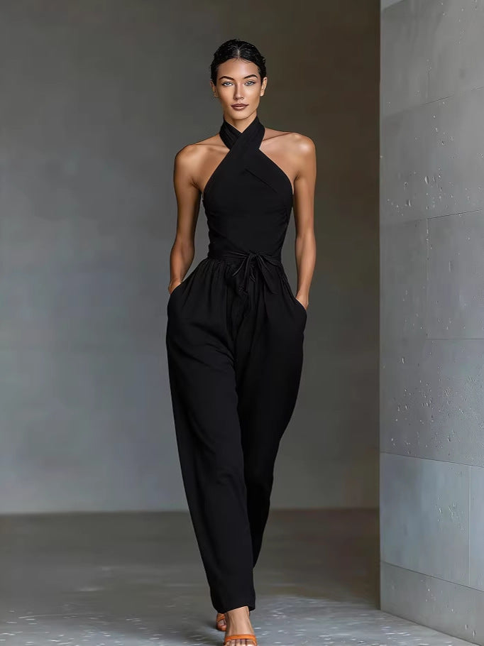 VVZ Women's Solid-Color Sleeveless Halter-Neck Tie-Front Jumpsuit