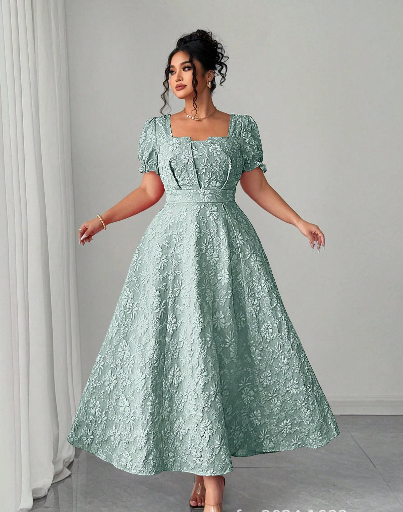 VVZ Plus-Size Embroidered A-Line Maxi Dress with Square Neckline, Puff Sleeves, and Tie Detail