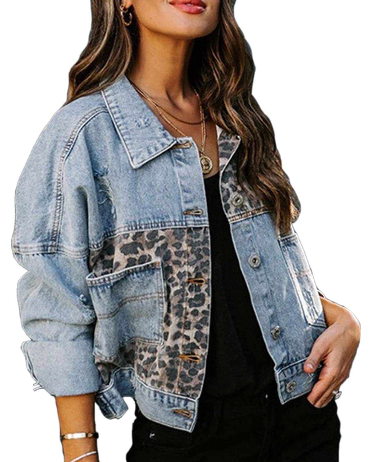 VVZ Women's Long-Sleeve Denim and Leopard Print Patchwork Jacket