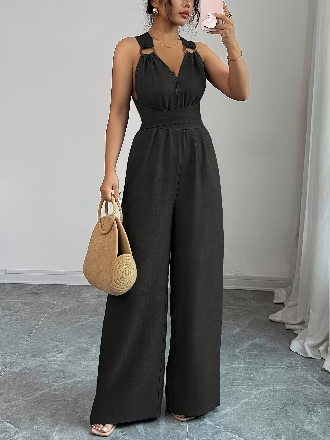 VVZ V-Neck, Tie-Waist, Wide-Leg Jumpsuit