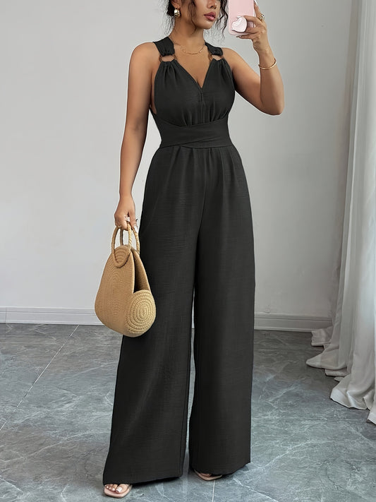 VVZ V-Neck, Tie-Waist, Wide-Leg Jumpsuit
