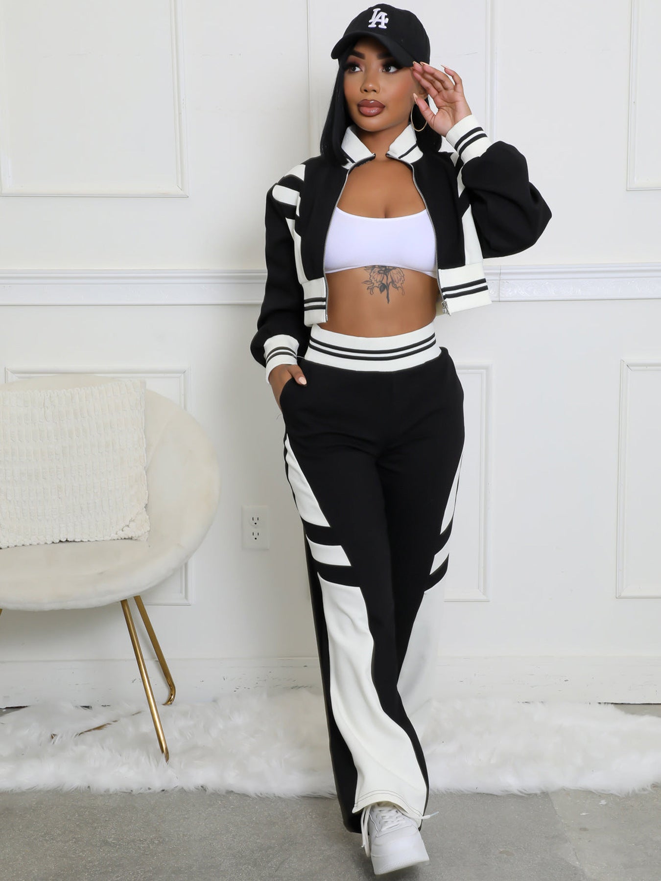 VVZ Women's Colorblock Print Zip Up Crop Jacket & Pants Two-piece Set