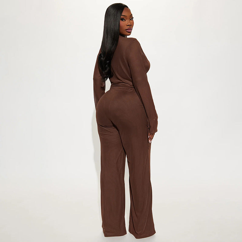 VVZ Deep V-Neck Mesh Top Paired with Wide-Leg Pants