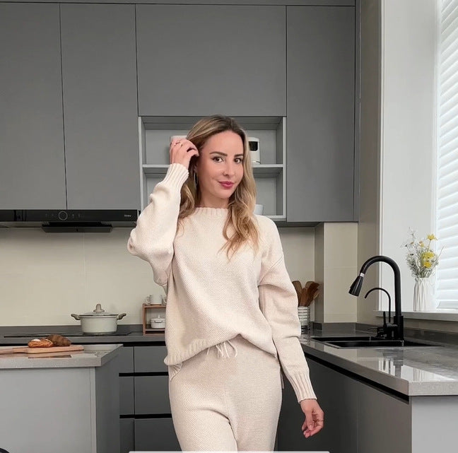 VVZ Women'S Oversized Round Neck Sweater & Wide-Leg Pants Two-Piece Set