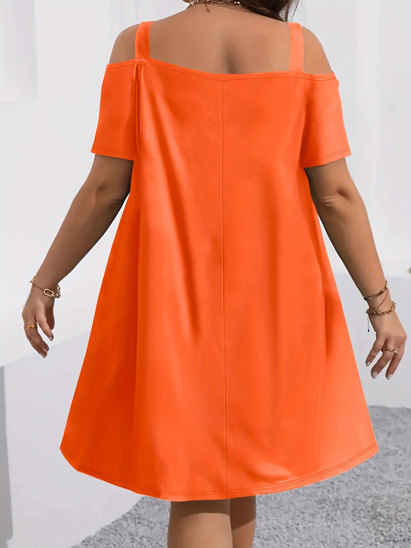VVZ Plus-Size Women's Casual Midi Dress: Crew Neck, Short Sleeve, Cold-Shoulder, Slim Fit