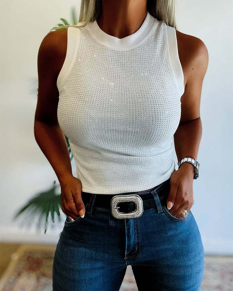 VVZ Women's Rhinestone Decorated Round Neck Sleeveless Slim Fit Ribbed Vest