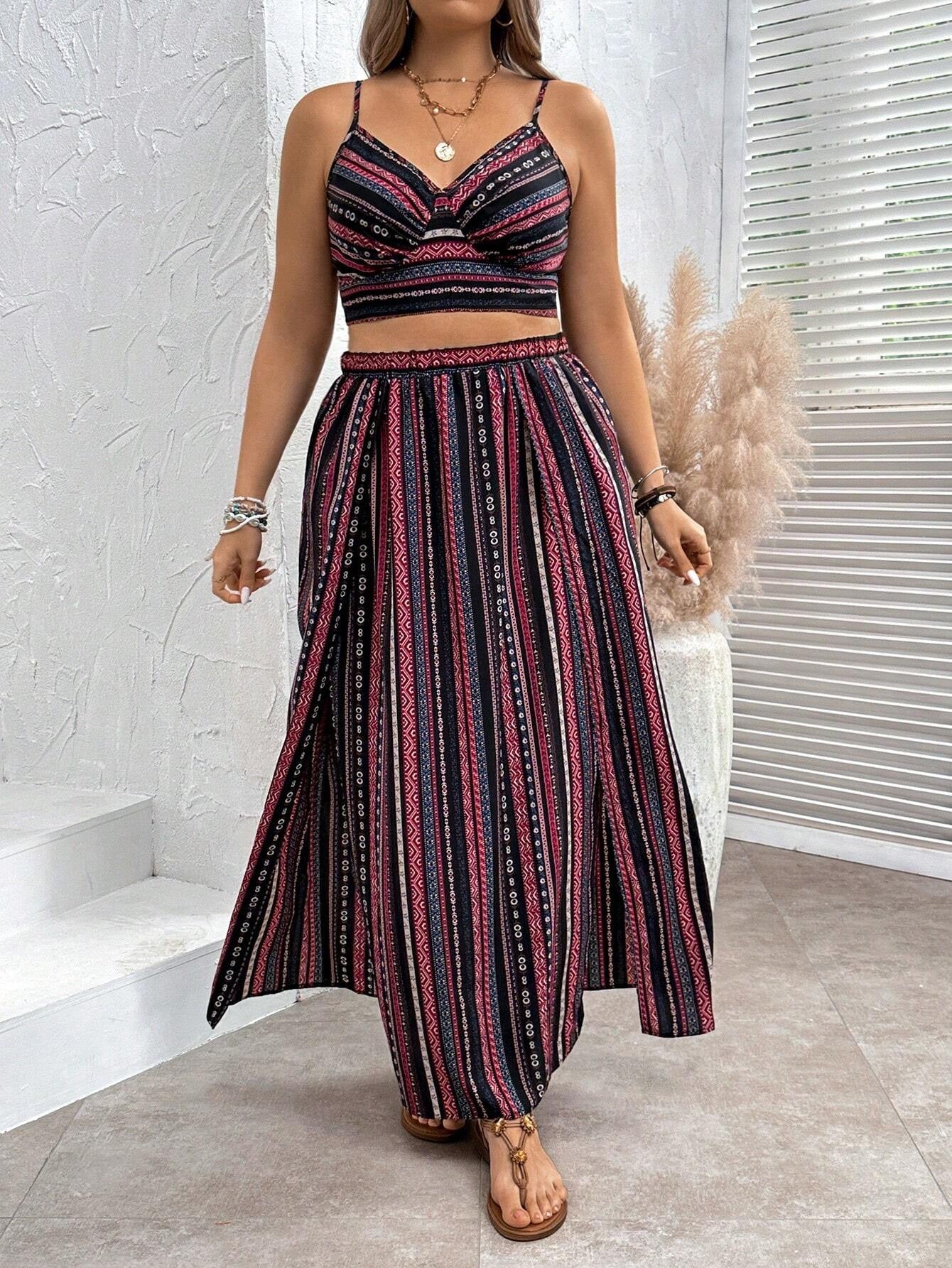 VVZ All-Over Print Backless Tie-Strap Cropped Cami Top and Slit Maxi Skirt Set