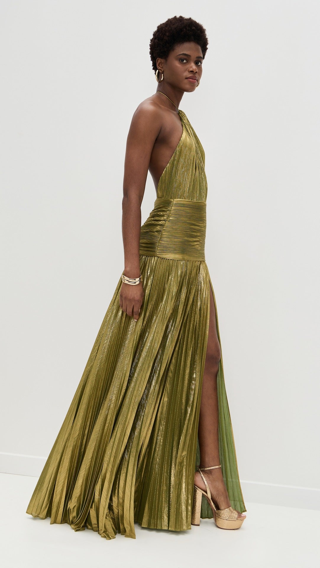 VVZ Halter-Neck Metallic Pleated Maxi Dress