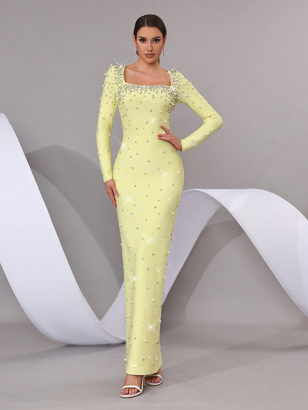 VVZ Fitted Square-Neck Maxi Dress with Beading and Rhinestone Embellishments