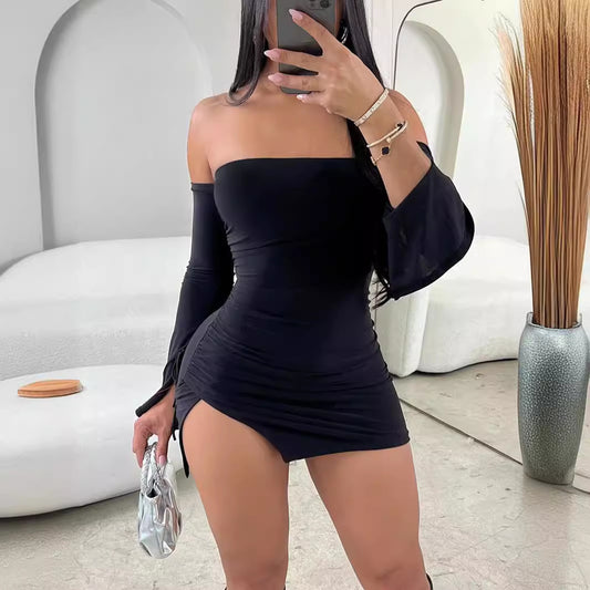 VVZ Women's Solid-Color Off-Shoulder Slim-Fit Dress with Slit Hem