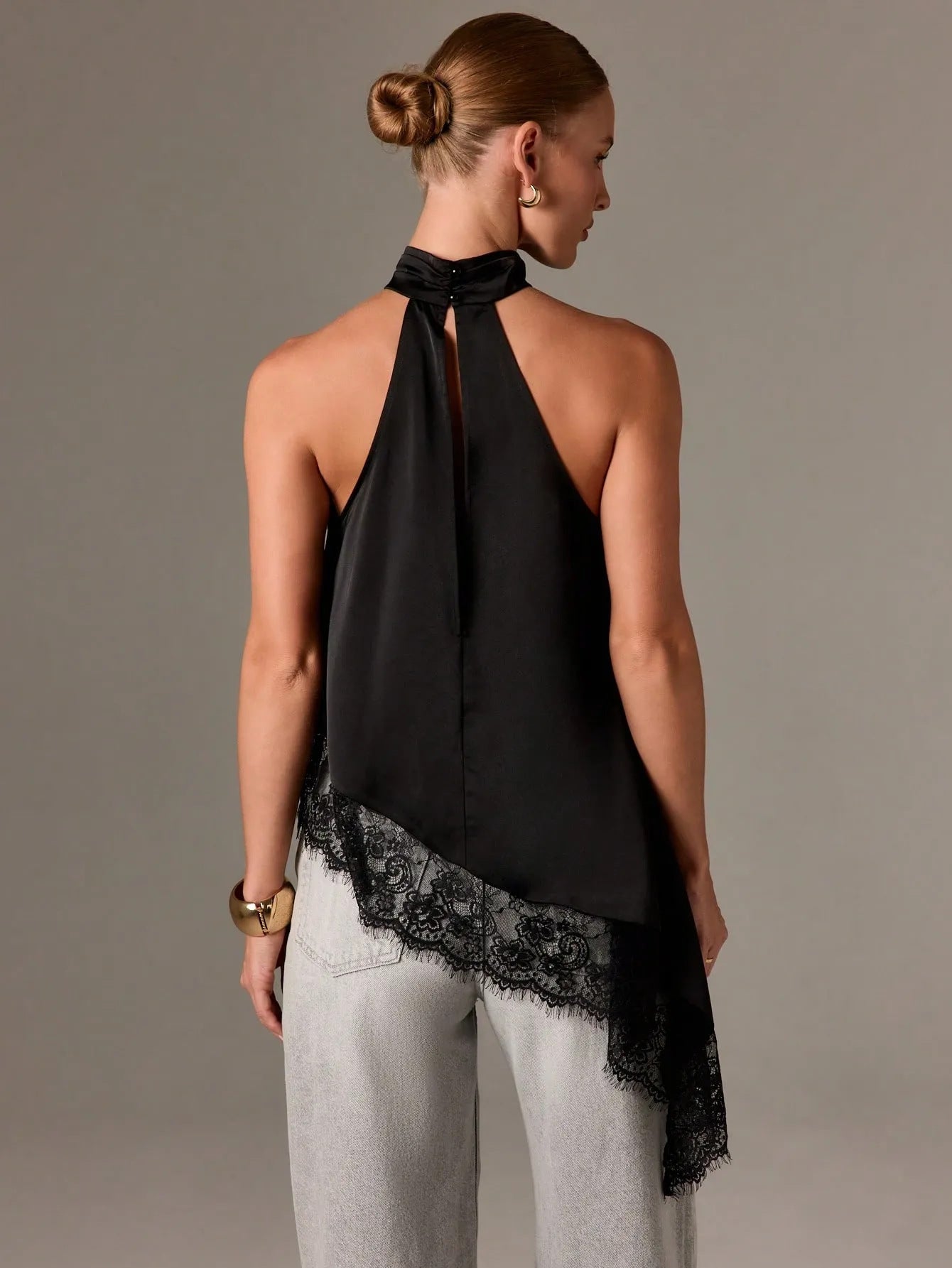VVZ Women's Halter Top — Summer Sleeveless, Backless Camisole with Asymmetrical Lace Hem