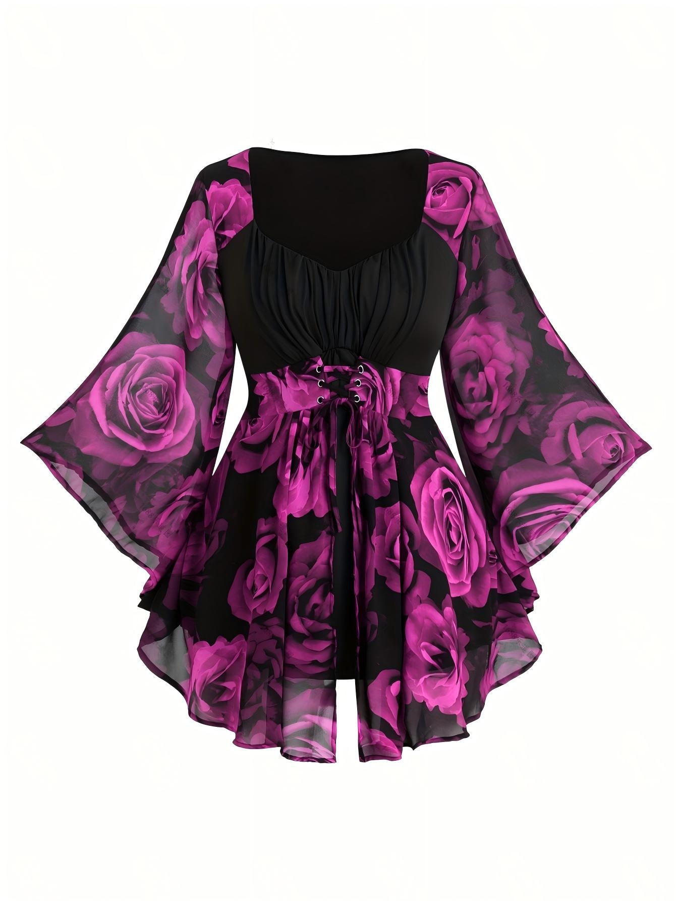 VVZ Rose-print asymmetrical ruffled lace-up tulle top