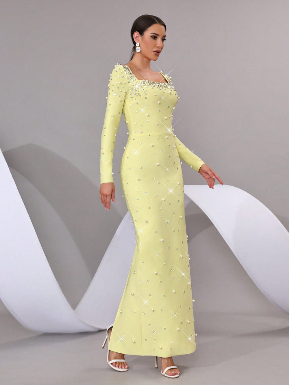 VVZ Fitted Square-Neck Maxi Dress with Beading and Rhinestone Embellishments