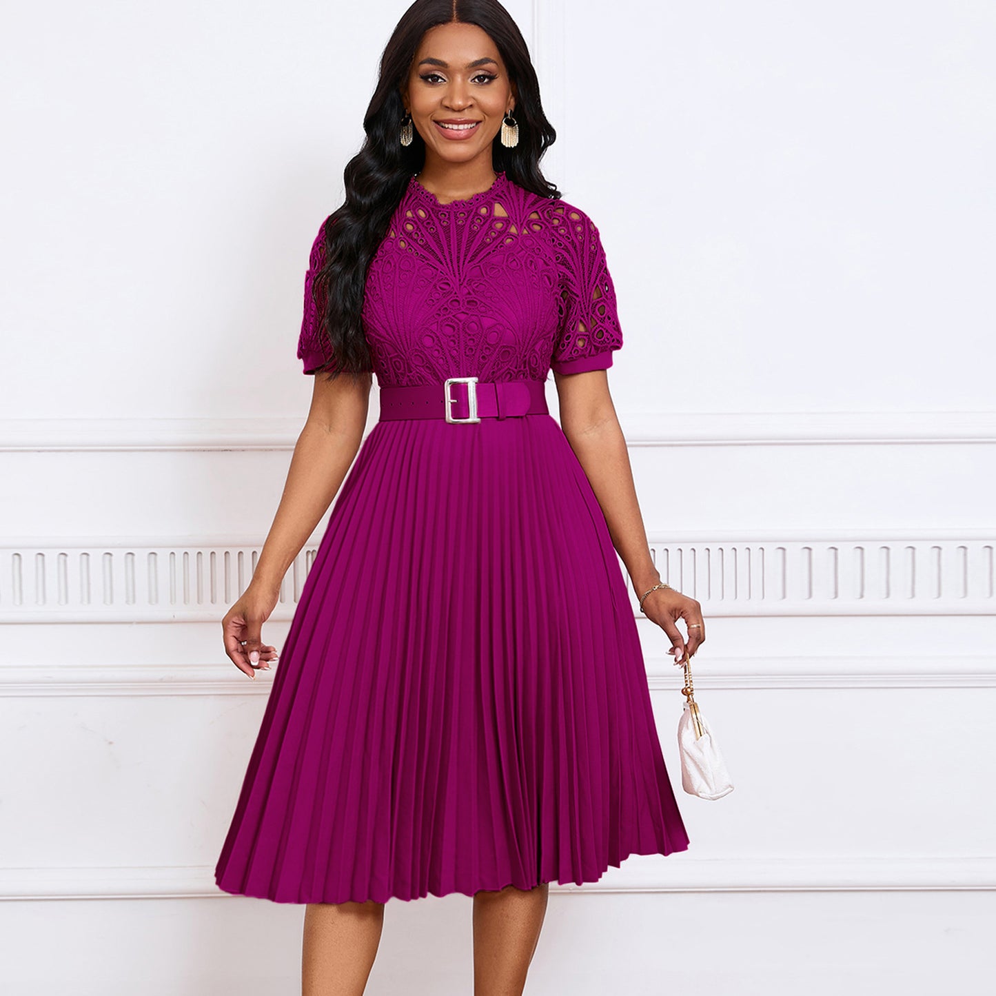 VVZ Women's Solid-Color Round-Neck Puff-Sleeve Mini Dress