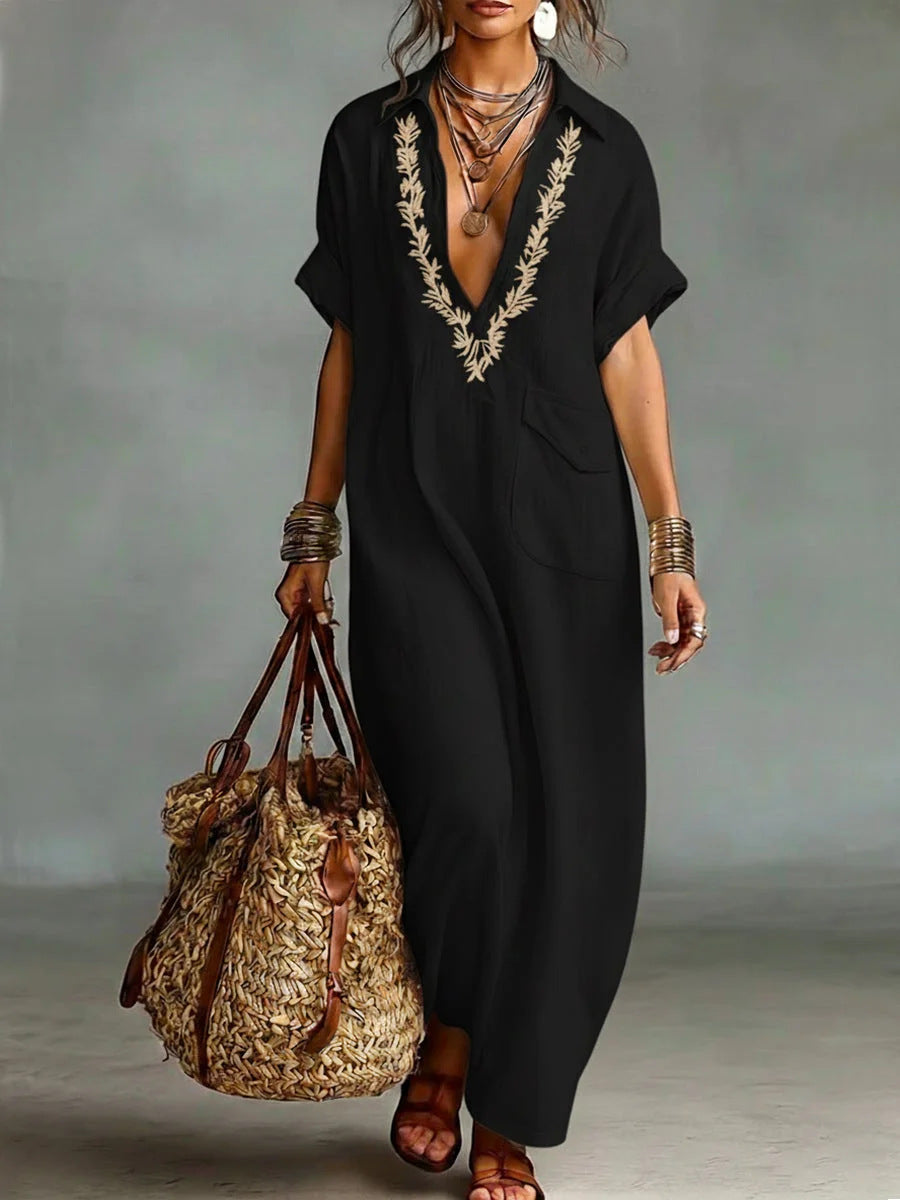 VVZ Casual V-neck short-sleeved long dress with pockets