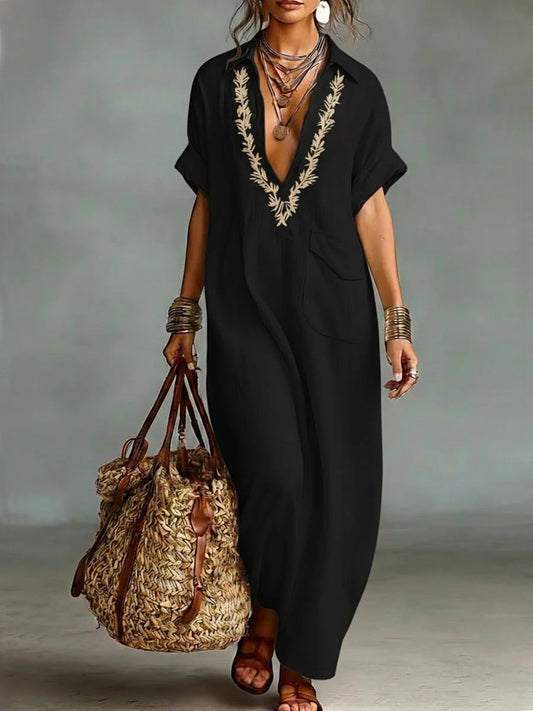 VVZ Casual V-neck short-sleeved long dress with pockets