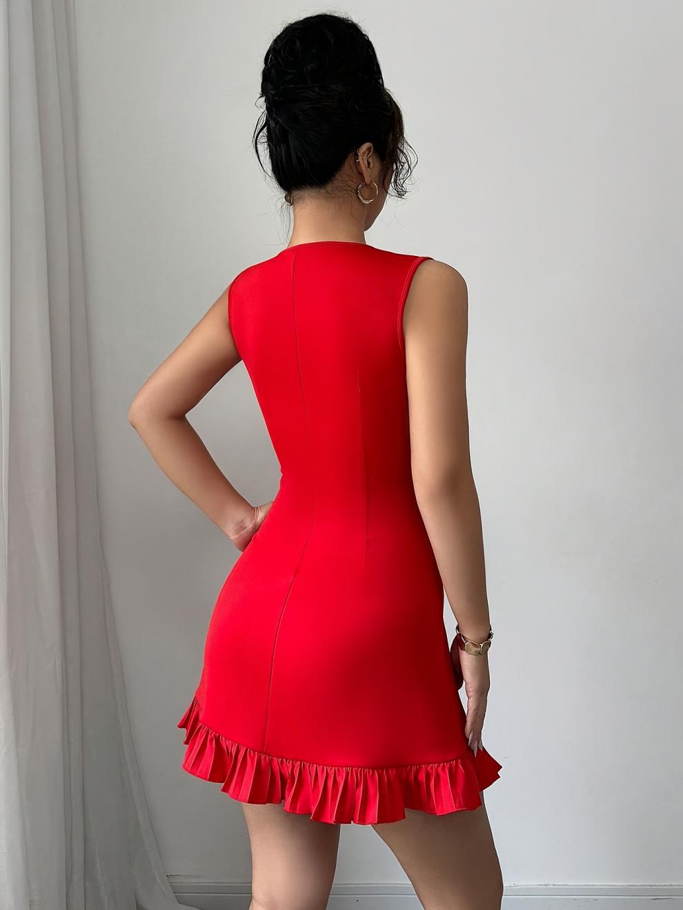 VVZ Elegant Women's Round Neck Bow Design Sleeveless Mini Dress