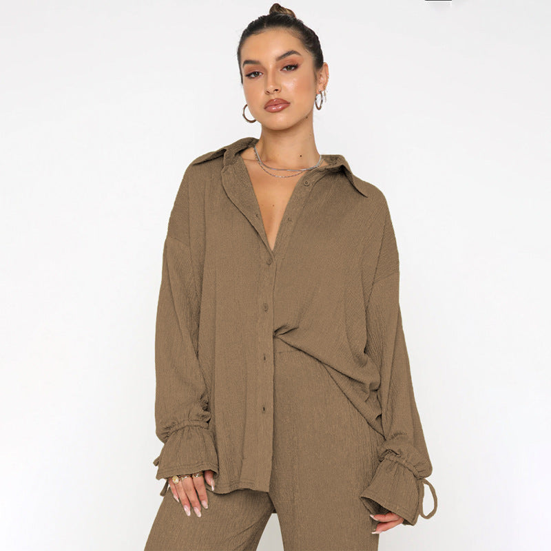 VVZ Women's Solid-Color Collared Button-Down Shirt and Slit-Hem Trousers Set