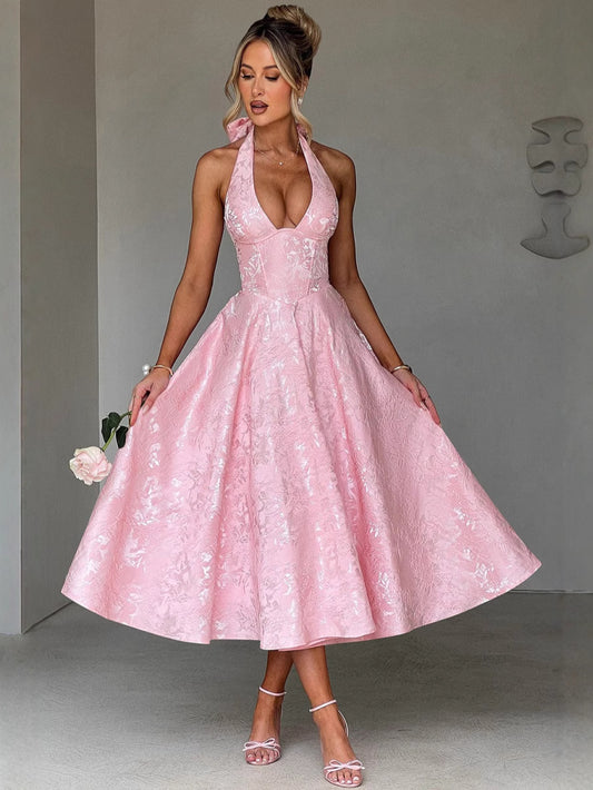 VVZ V-Neck Halter Jacquard Dress
