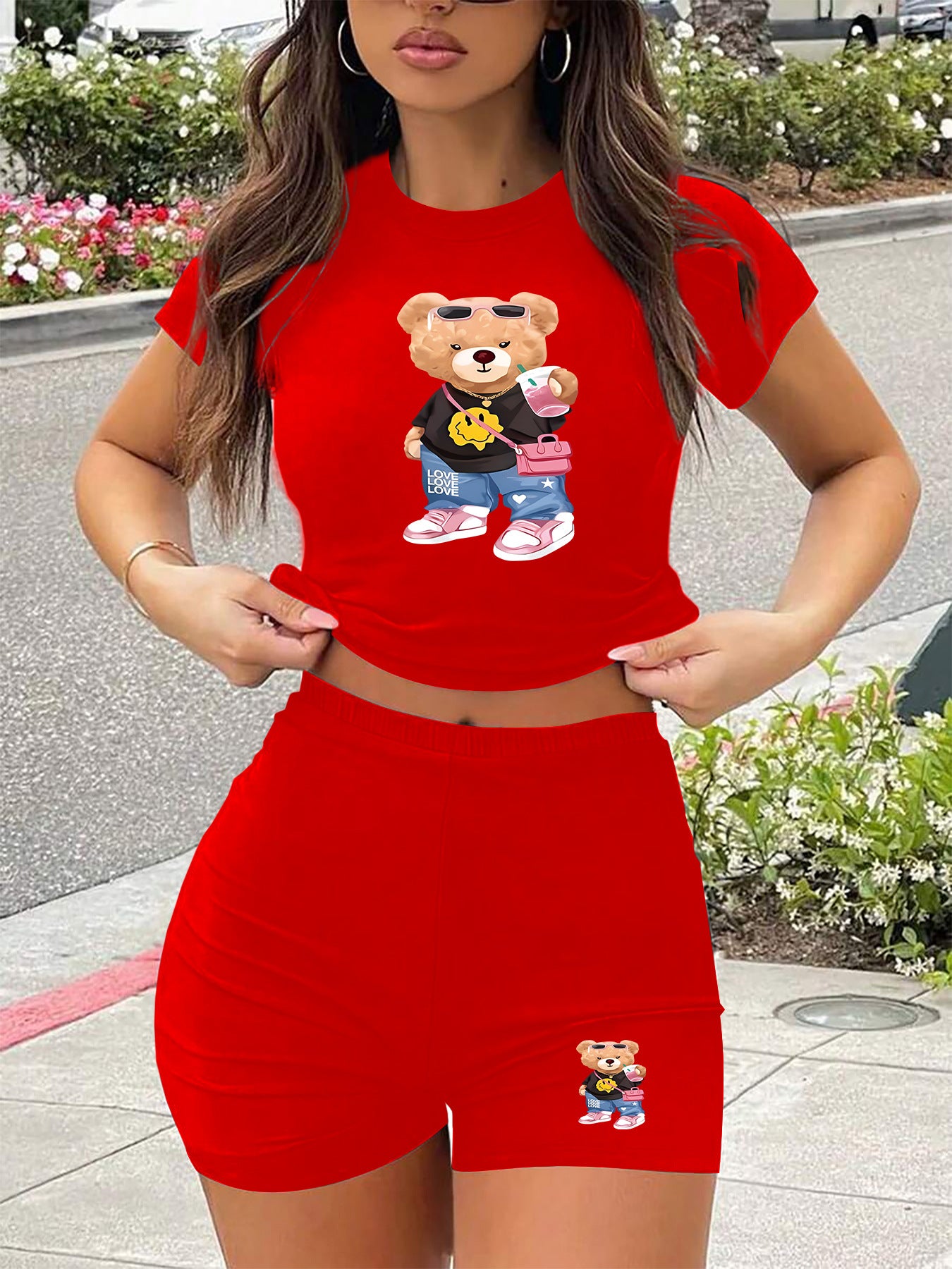 VVZ Women's  Round Neck T-shirt & Skinny Shorts Set