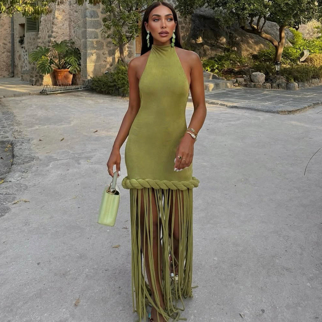 VVZ Sexy Halter-Neck Backless Solid-Color Dress