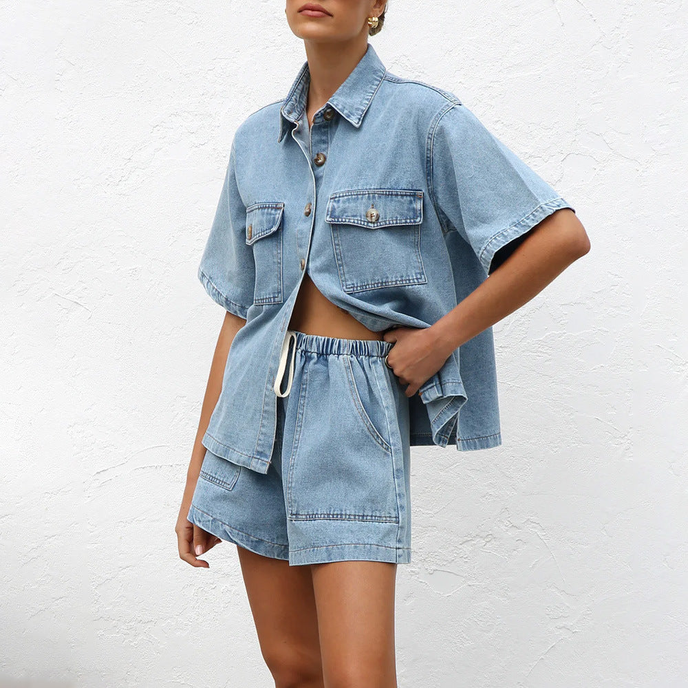 VVZ Women's Summer Denim Shirt and Shorts Two-Piece Set