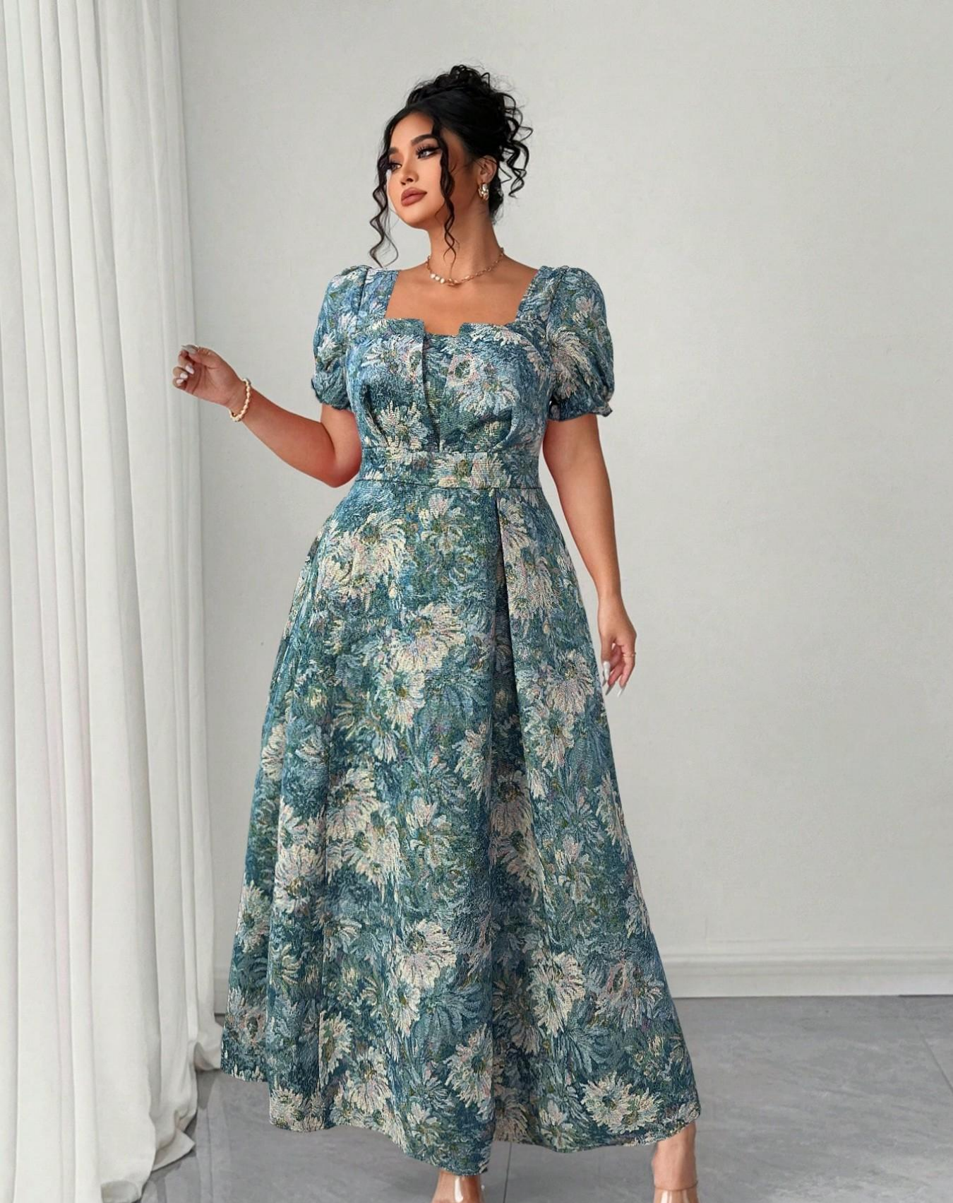 VVZ Plus-Size Embroidered A-Line Maxi Dress with Square Neckline, Puff Sleeves, and Tie Detail
