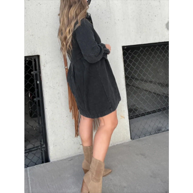 VVZ Washed Denim Puff-Sleeve Mini Dress