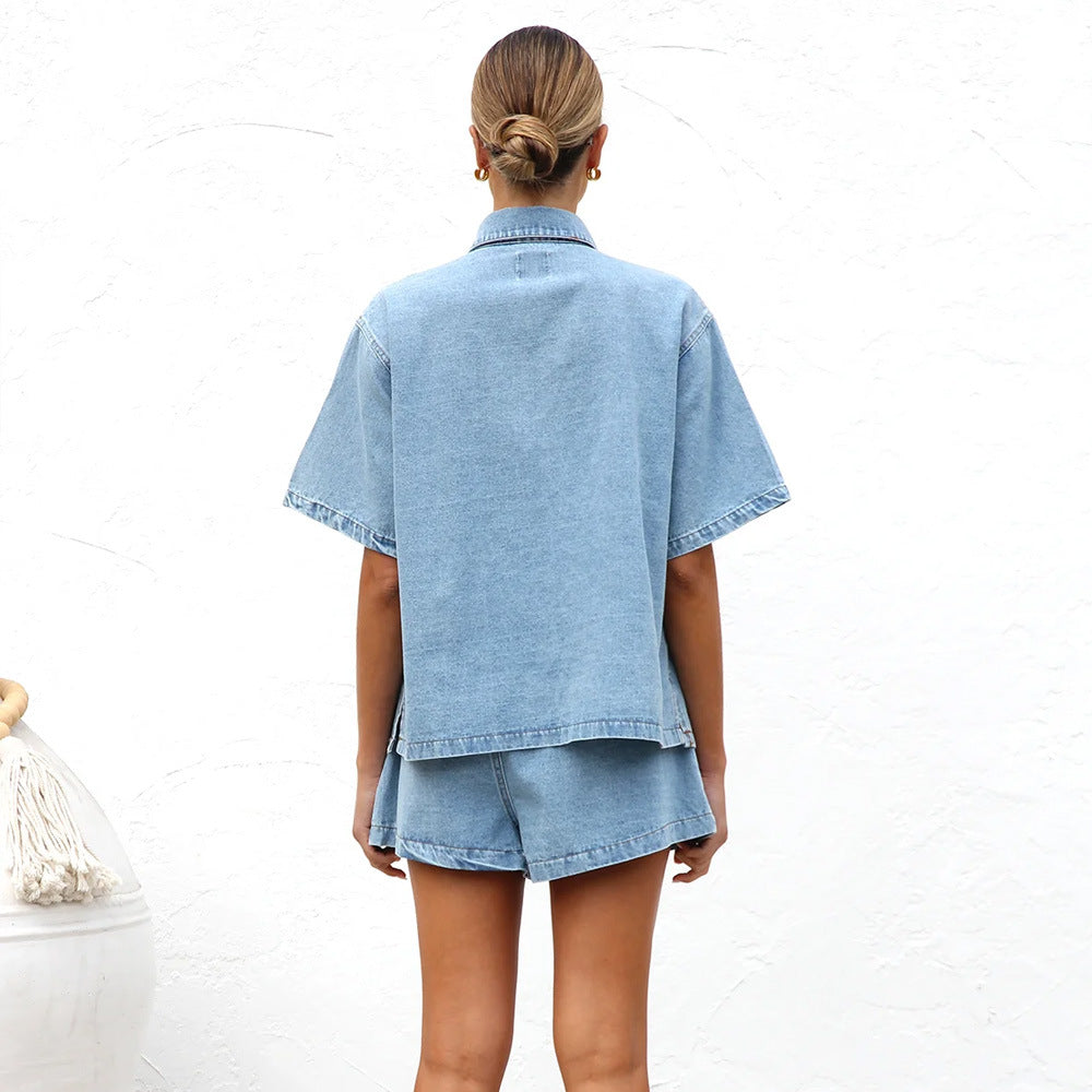 VVZ Women's Summer Denim Shirt and Shorts Two-Piece Set