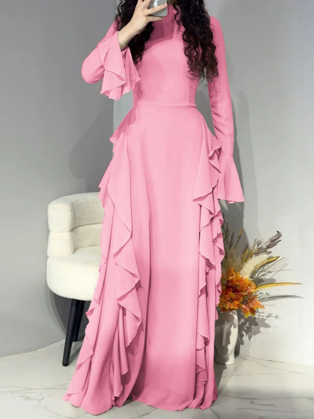 VVZ Solid-Color Waist-Cinching Maxi Dress with Flared Sleeves