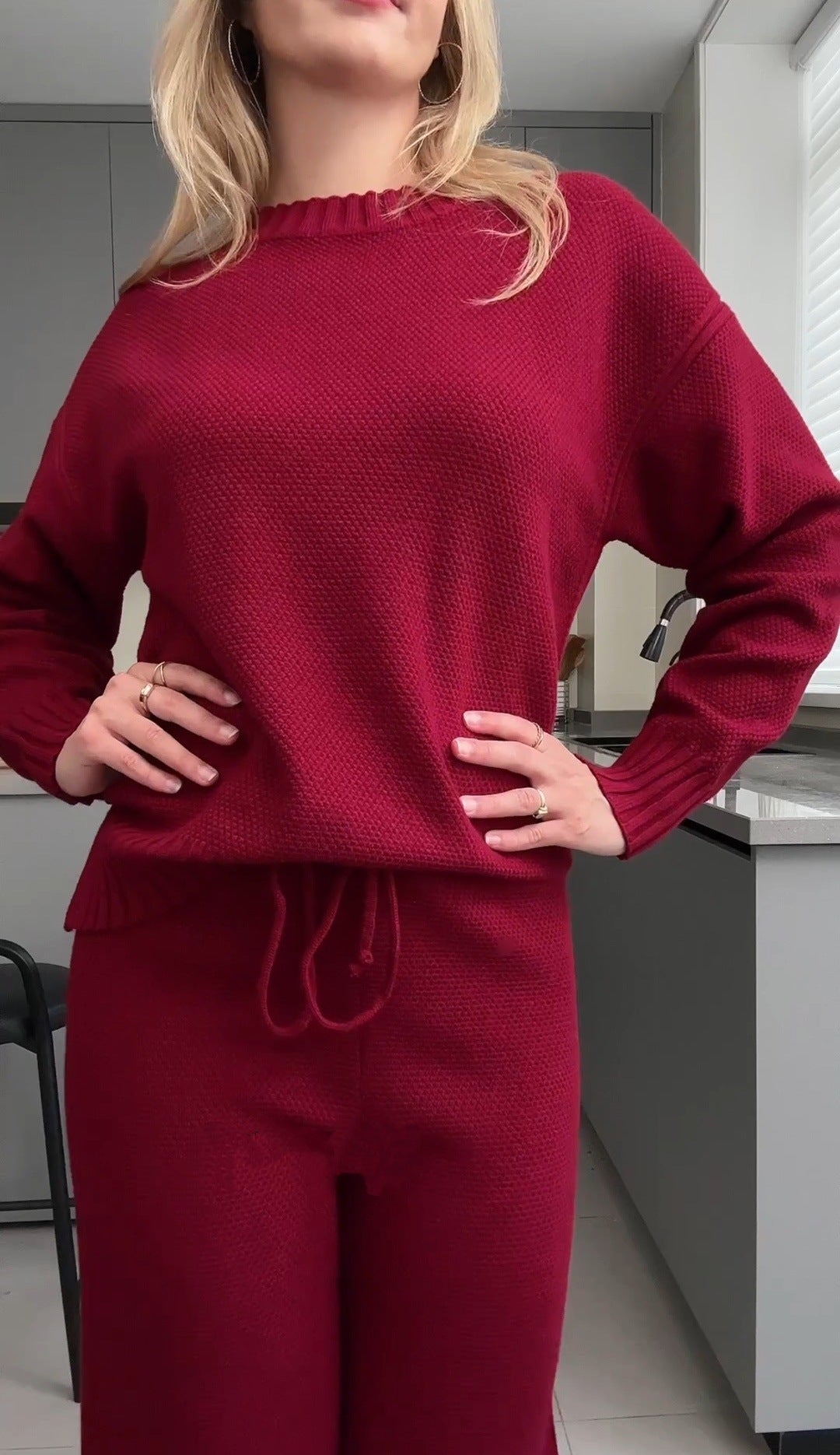 VVZ Women'S Oversized Round Neck Sweater & Wide-Leg Pants Two-Piece Set