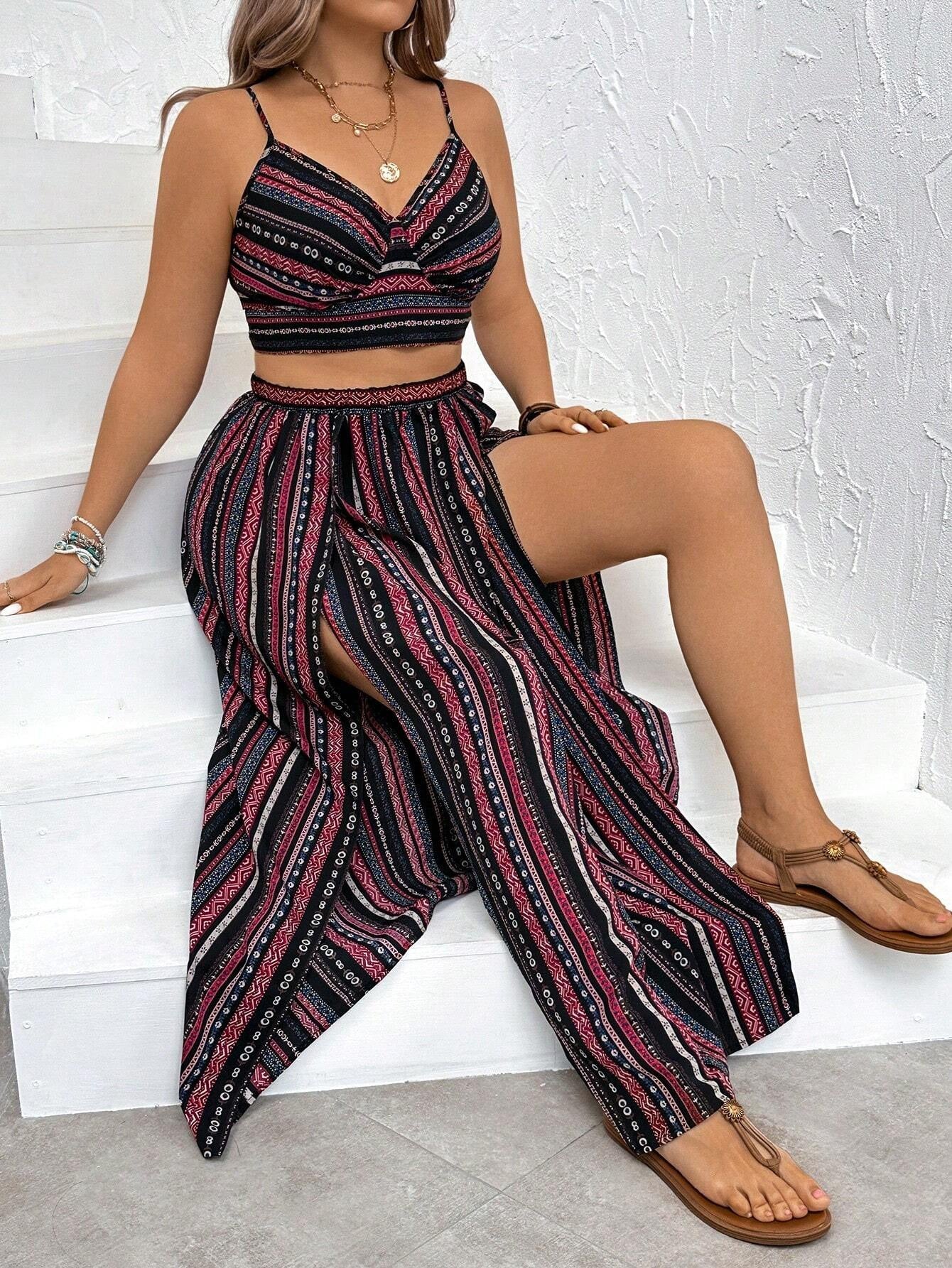 VVZ All-Over Print Backless Tie-Strap Cropped Cami Top and Slit Maxi Skirt Set